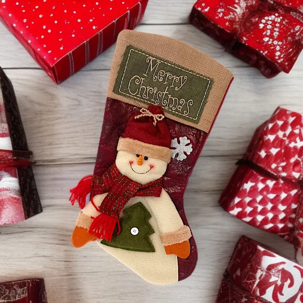 3D Snowman‎ Plush Christmas Stocking Felt Merry Christmas Embroidery Farmhouse